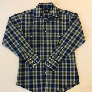 Men’s Wrangler Blue/Green Plaid Long Sleeve Button Down Shirt Size Medium